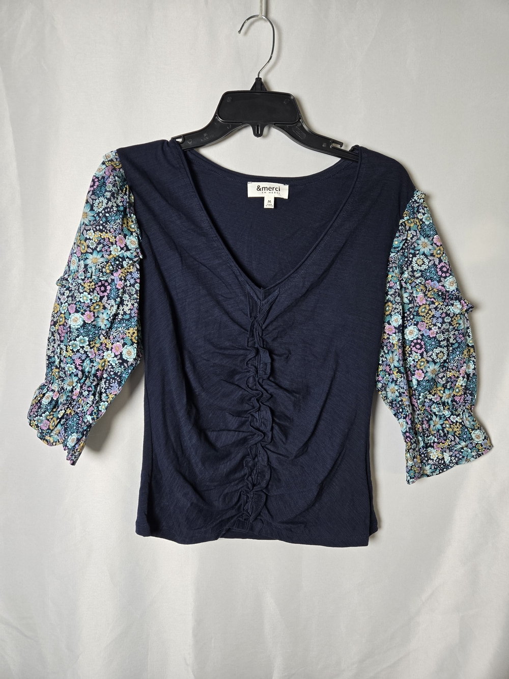 &merci Navy V-Neck Top with Floral Puff Sleeves